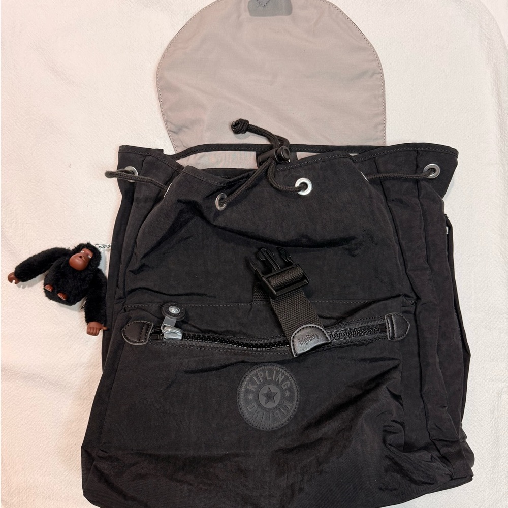 Kipling Black Drawstring Backpack With Monkey Cha… - image 2